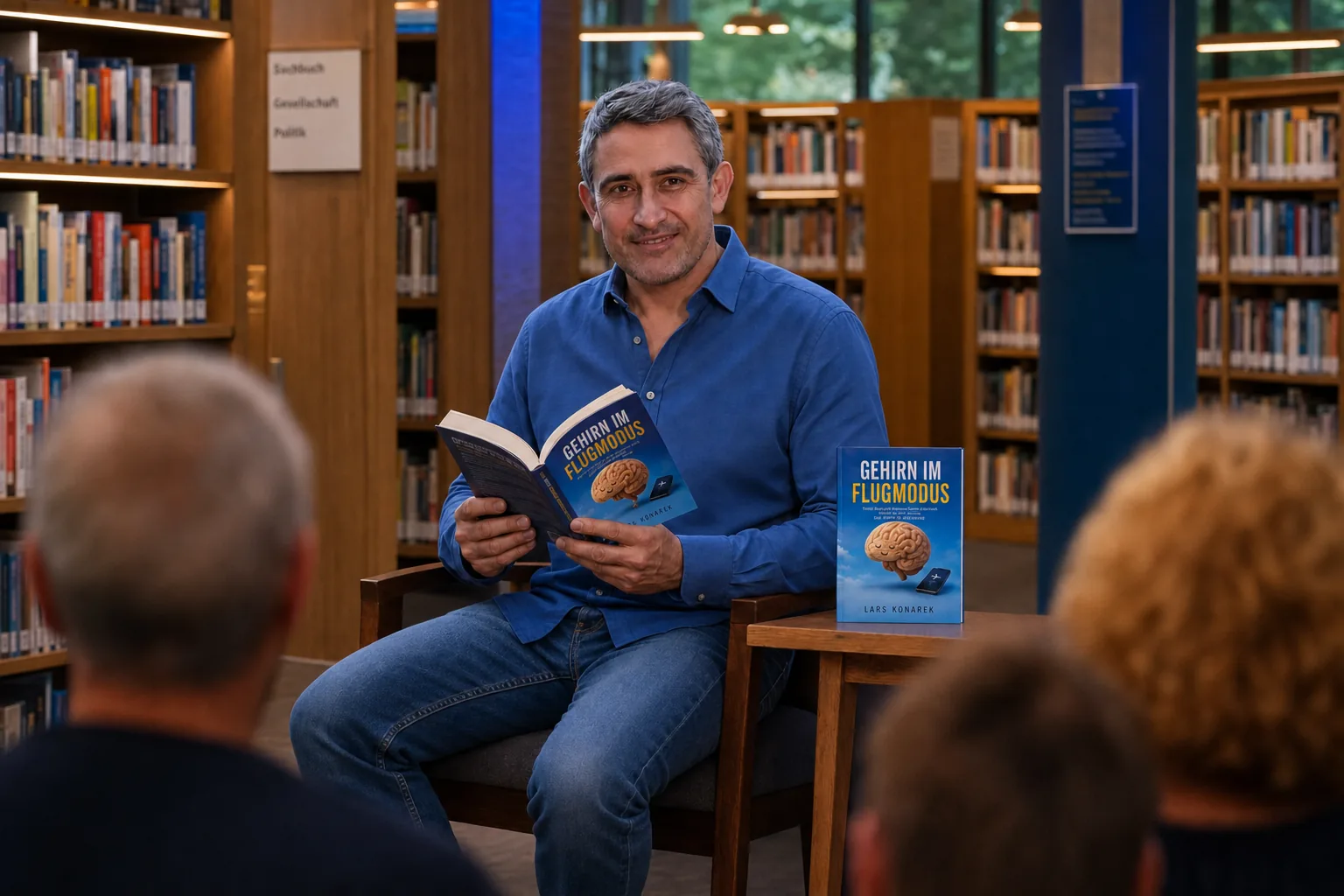 Lars Konarek bei einer Lesung seines Buches Gehirn im Flugmodus in einer Bücherei